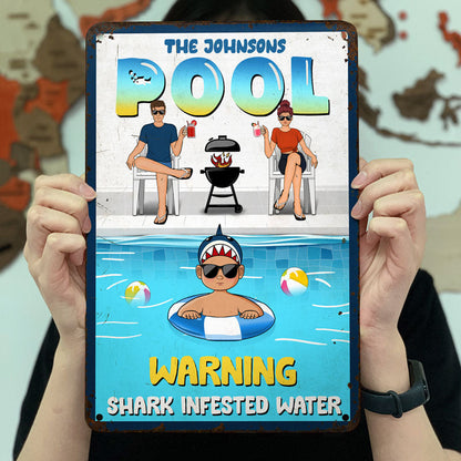 Young Family Shark Infested Water - Poolside Decoration - Personalized Custom Classic Metal Signs