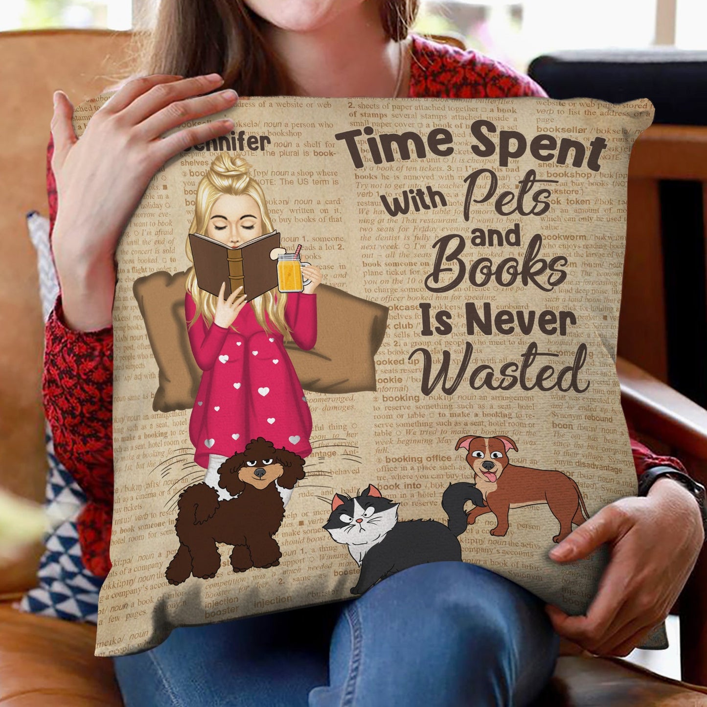 Reading Time Spent With Books & Pets - Gift For Book Lovers - Personalized Pillow