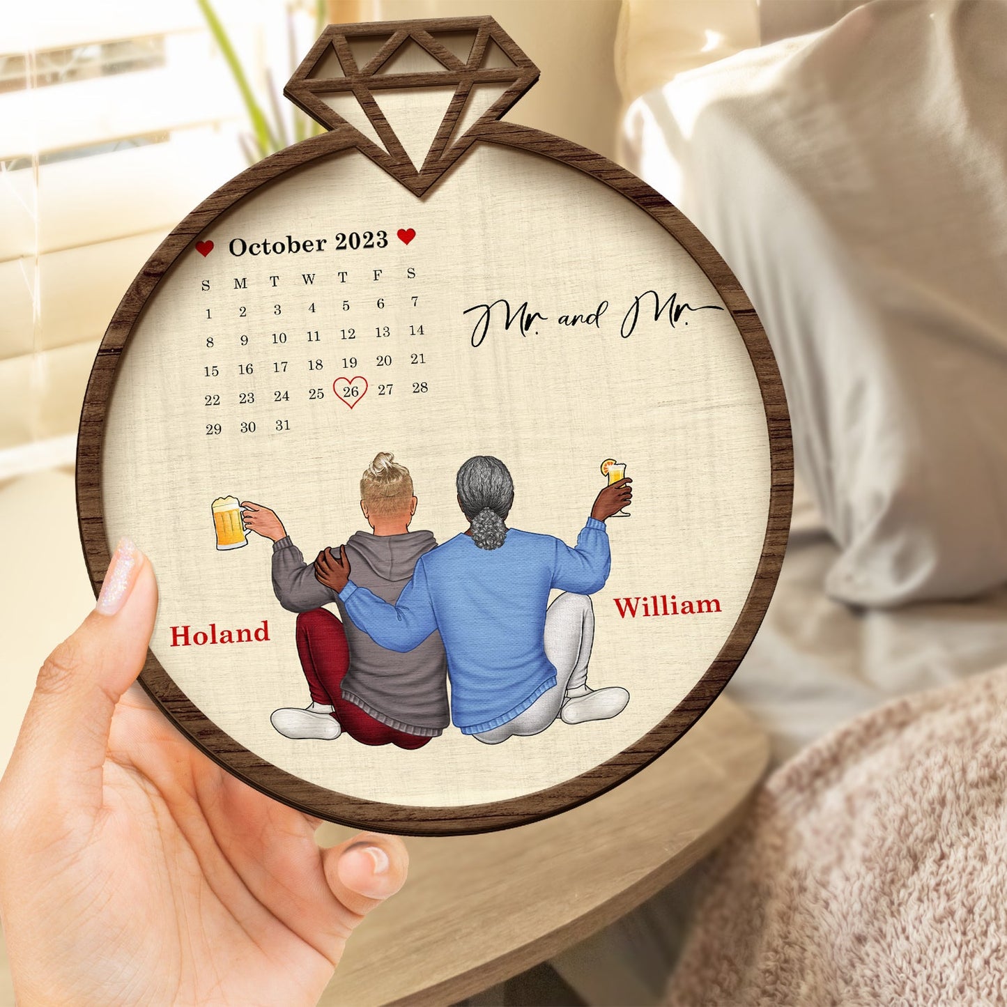 Couple Calendar Married Engaged - Gift For Couples - Personalized 2-Layered Wooden Plaque With Stand