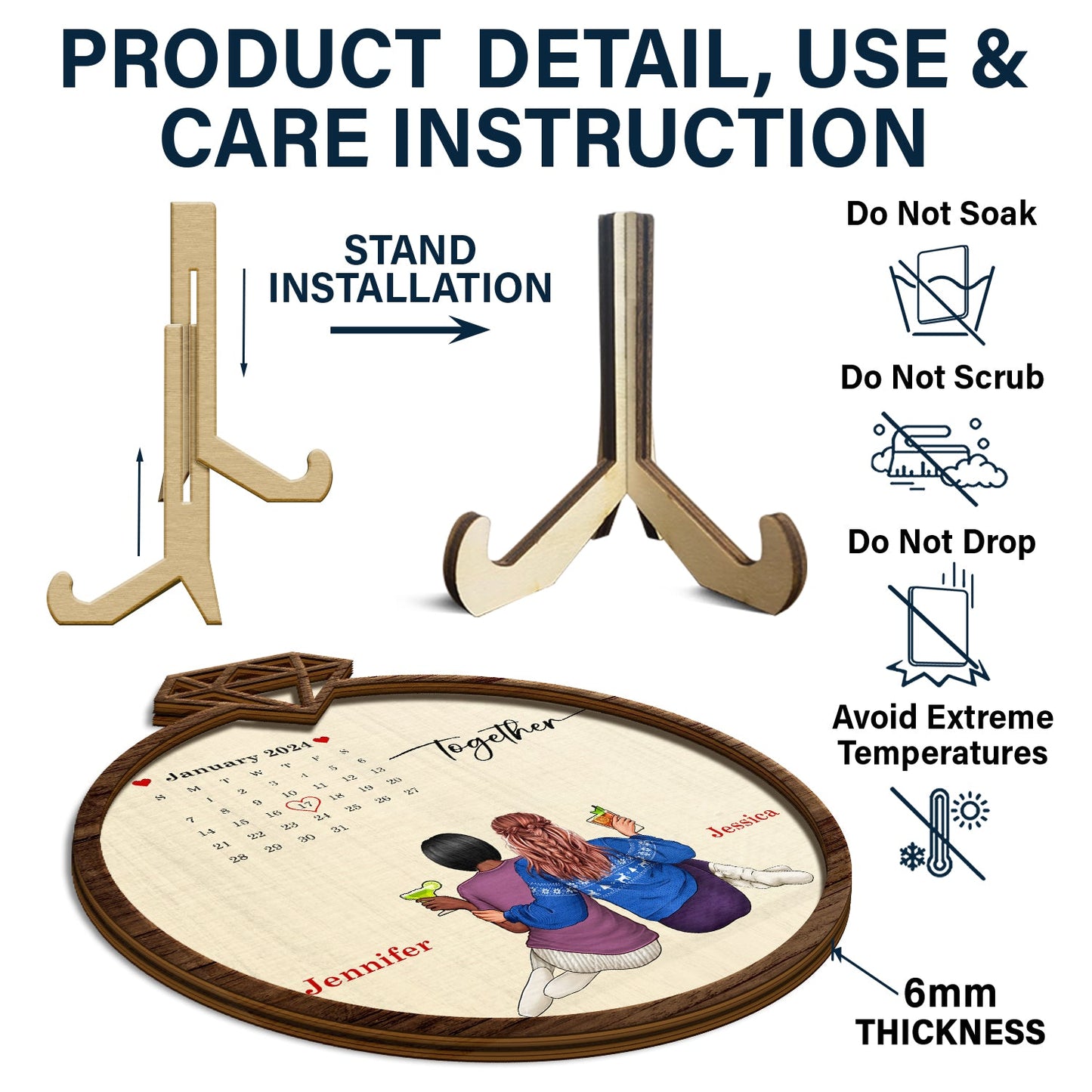 Couple Calendar Married Engaged - Gift For Couples - Personalized 2-Layered Wooden Plaque With Stand