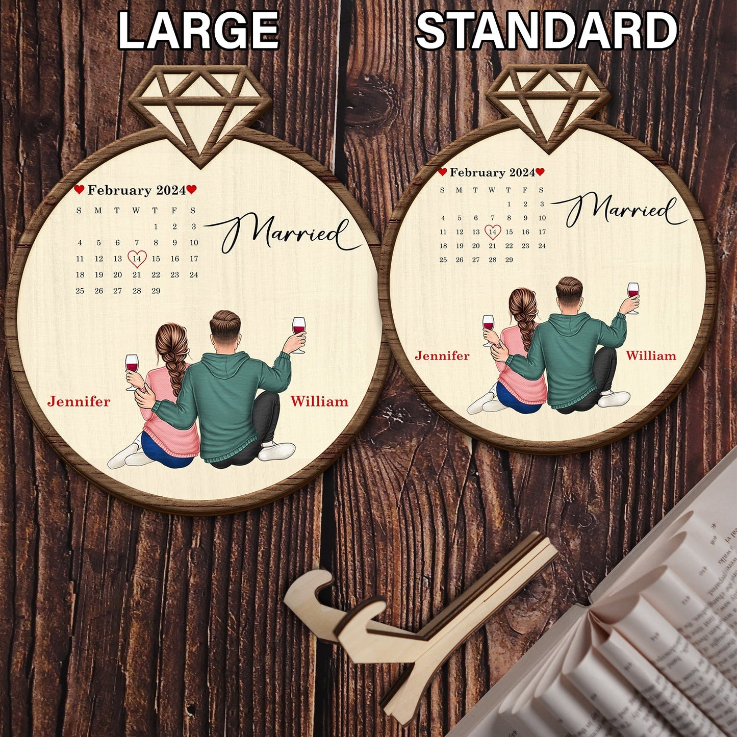 Couple Calendar Married Engaged - Gift For Couples - Personalized 2-Layered Wooden Plaque With Stand