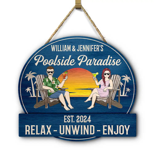 Couple Poolside Paradise - Personalized Custom Shaped Wood Sign