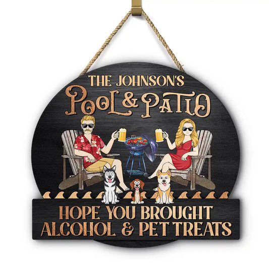 Couple & Dogs Cats Pool & Patio - Personalized Custom Shaped Wood Sign