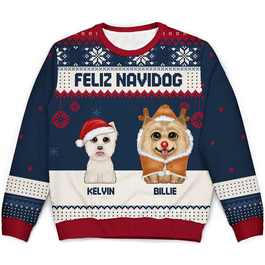 Christmas Big Eyes Dog Feliz Navidog - Personalized Unisex Ugly Sweater