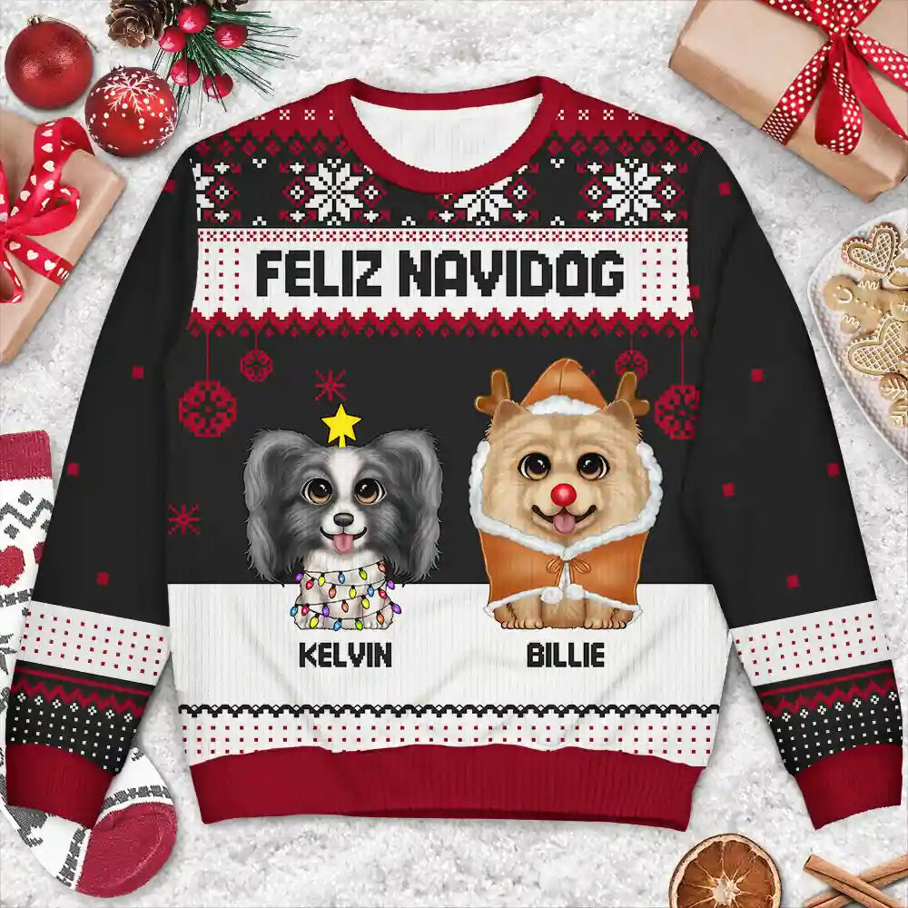 Christmas Big Eyes Dog Feliz Navidog - Personalized Unisex Ugly Sweater