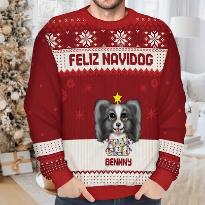 Christmas Big Eyes Dog Feliz Navidog - Personalized Unisex Ugly Sweater