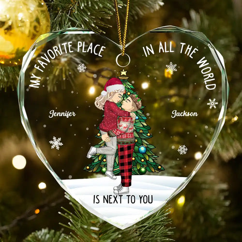 Christmas Couple My Favorite Place In All The World - Personalized Heart Shaped Glass Ornament