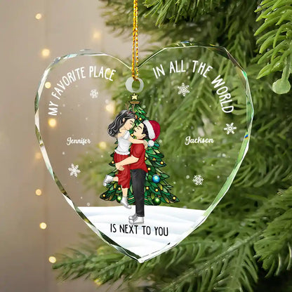 Christmas Couple My Favorite Place In All The World - Personalized Heart Shaped Glass Ornament