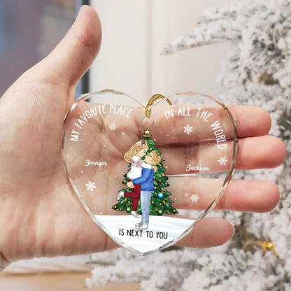 Christmas Couple My Favorite Place In All The World - Personalized Heart Shaped Glass Ornament