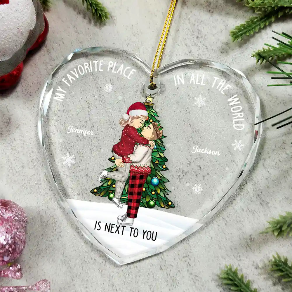 Christmas Couple My Favorite Place In All The World - Personalized Heart Shaped Glass Ornament