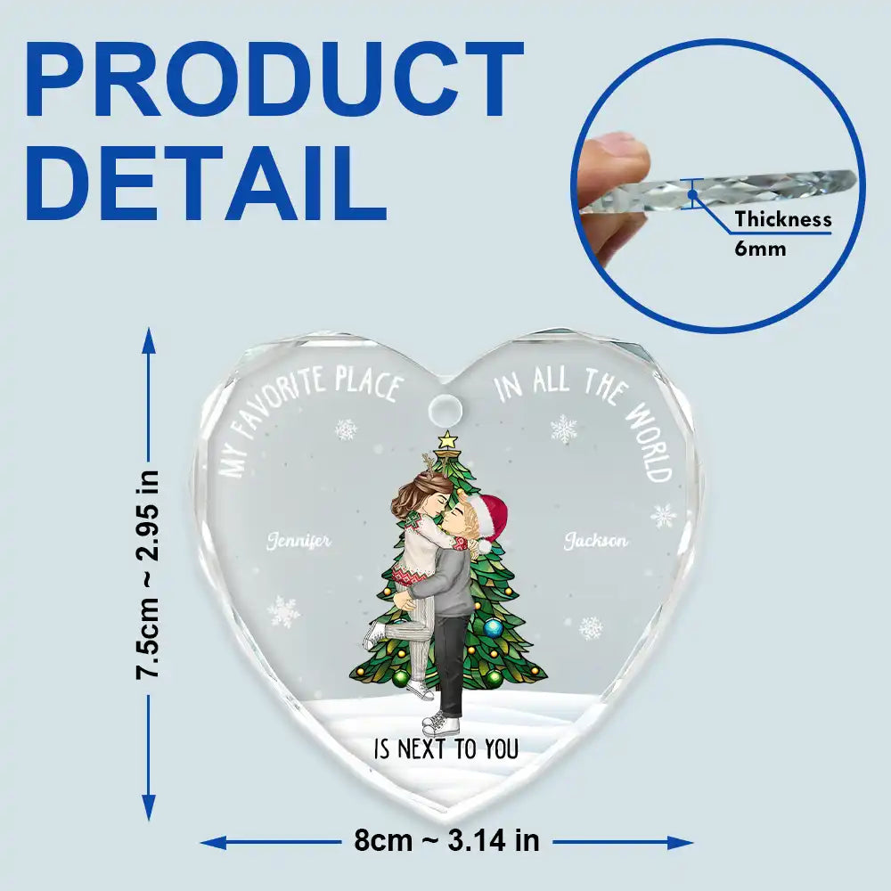 Christmas Couple My Favorite Place In All The World - Personalized Heart Shaped Glass Ornament