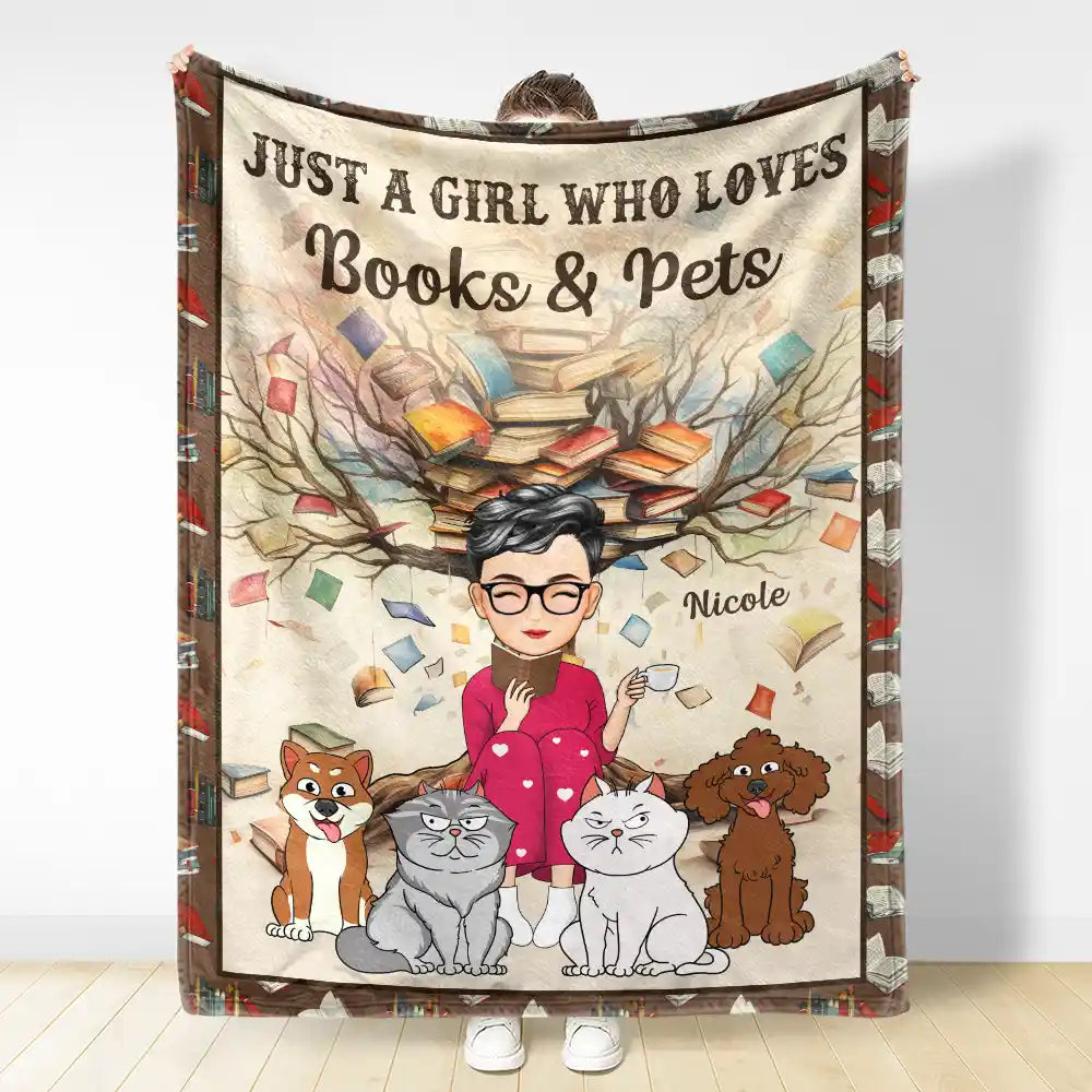 Just A Girl Who Loves Books & Pets - Personalized Fleece Blanket, Sherpa Blanket