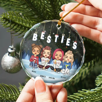 Gift For Bestie,Gift For Sisters,Gift For Brothers,Gift For Sibling - Friends Besties Sisters Brothers Sitting Together Chibi - Personalized Circle Glass Ornament