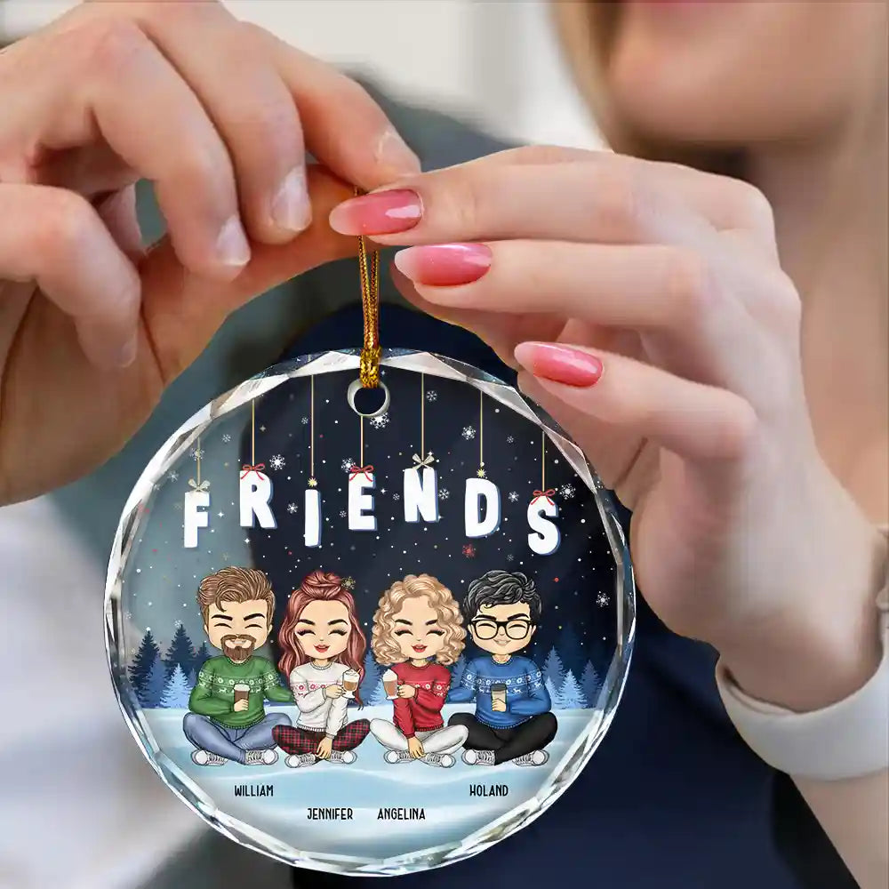 Gift For Bestie,Gift For Sisters,Gift For Brothers,Gift For Sibling - Friends Besties Sisters Brothers Sitting Together Chibi - Personalized Circle Glass Ornament