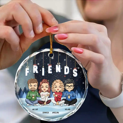 Gift For Bestie,Gift For Sisters,Gift For Brothers,Gift For Sibling - Friends Besties Sisters Brothers Sitting Together Chibi - Personalized Circle Glass Ornament