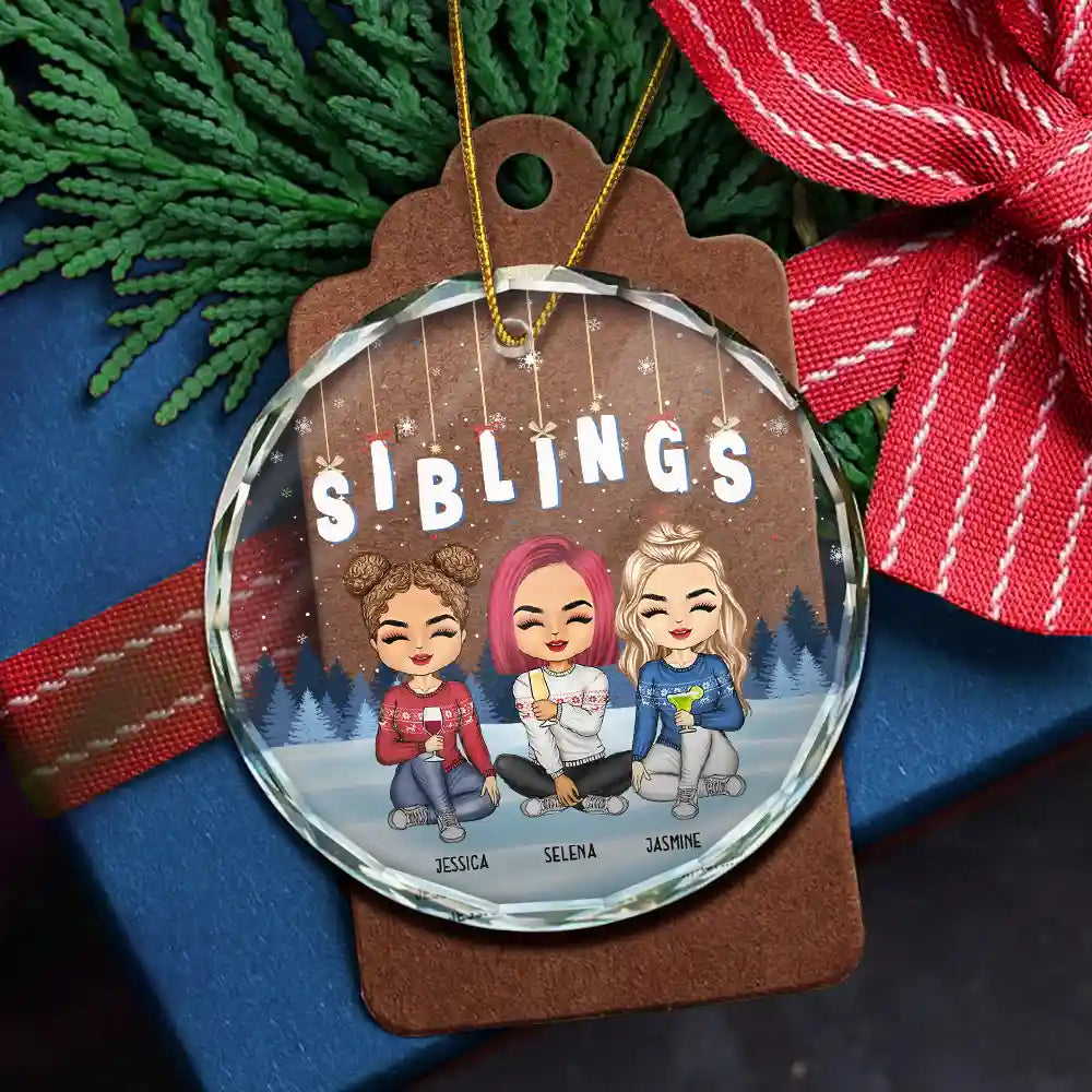 Gift For Bestie,Gift For Sisters,Gift For Brothers,Gift For Sibling - Friends Besties Sisters Brothers Sitting Together Chibi - Personalized Circle Glass Ornament