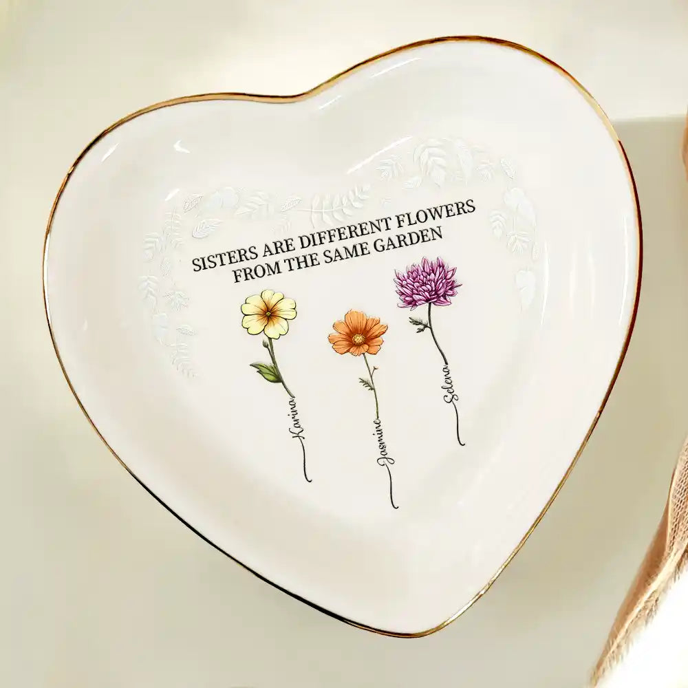 Birth Flower Sisters From The Same Garden - Personalized Heart Ring Dish