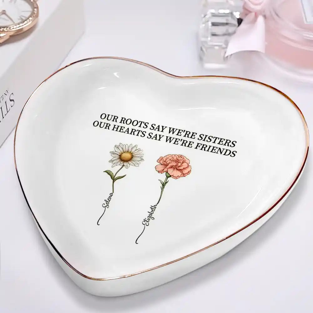 Birth Flower Sisters From The Same Garden - Personalized Heart Ring Dish