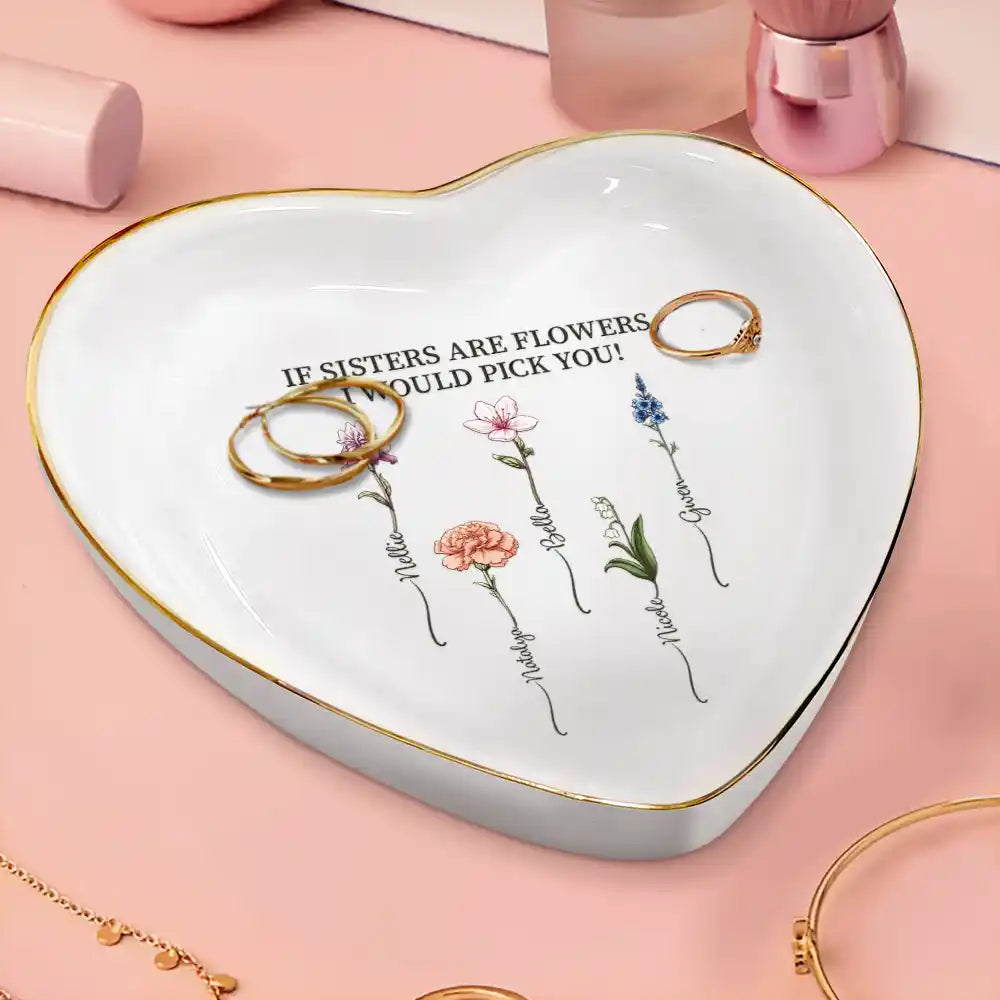 Birth Flower Sisters From The Same Garden - Personalized Heart Ring Dish