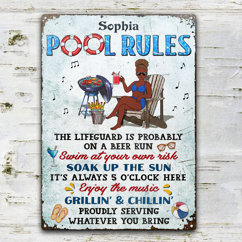 Pool Rules Swim At Your Own Risk Grilling Single - Backyard Sign - Personalized Custom Classic Metal Signs