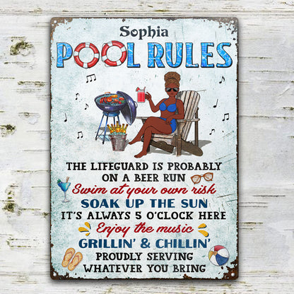 Pool Rules Swim At Your Own Risk Grilling Single - Backyard Sign - Personalized Custom Classic Metal Signs