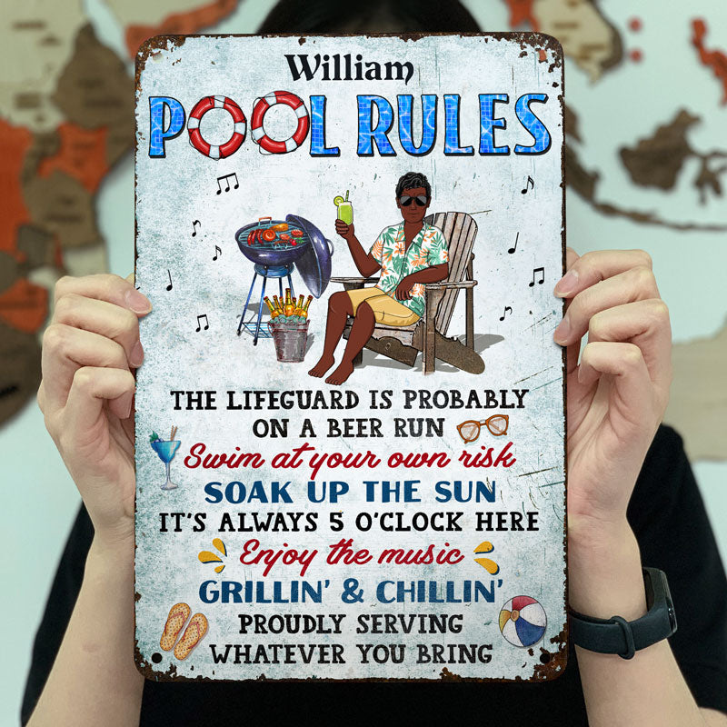 Pool Rules Swim At Your Own Risk Grilling Single - Backyard Sign - Personalized Custom Classic Metal Signs