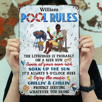 Pool Rules Swim At Your Own Risk Grilling Single - Backyard Sign - Personalized Custom Classic Metal Signs