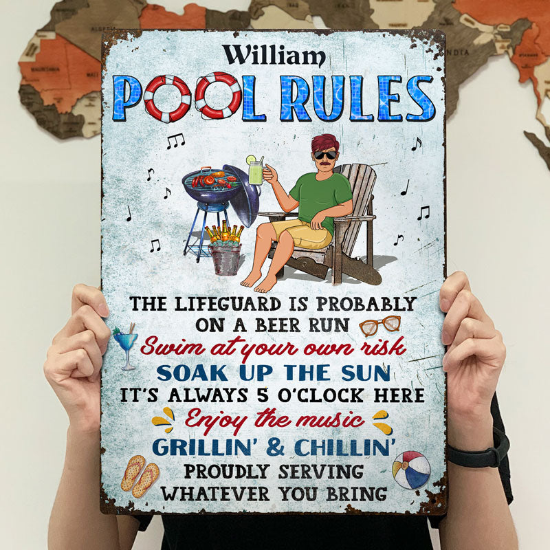Pool Rules Swim At Your Own Risk Grilling Single - Backyard Sign - Personalized Custom Classic Metal Signs