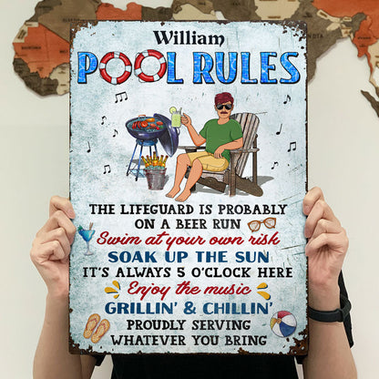 Pool Rules Swim At Your Own Risk Grilling Single - Backyard Sign - Personalized Custom Classic Metal Signs
