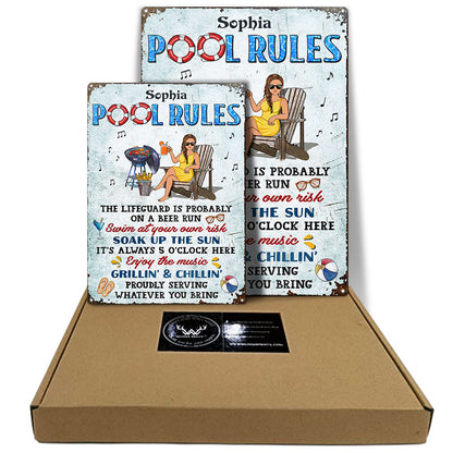 Pool Rules Swim At Your Own Risk Grilling Single - Backyard Sign - Personalized Custom Classic Metal Signs