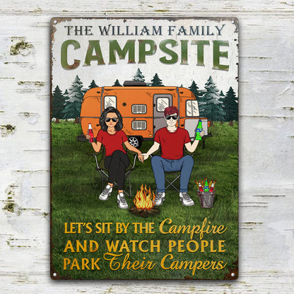 Husband Wife Watch People Park Their Campers - Gift For Camping Couples - Personalized Custom Classic Metal Signs