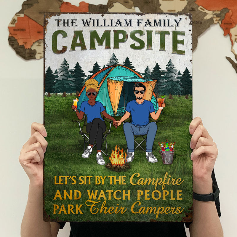 Husband Wife Watch People Park Their Campers - Gift For Camping Couples - Personalized Custom Classic Metal Signs