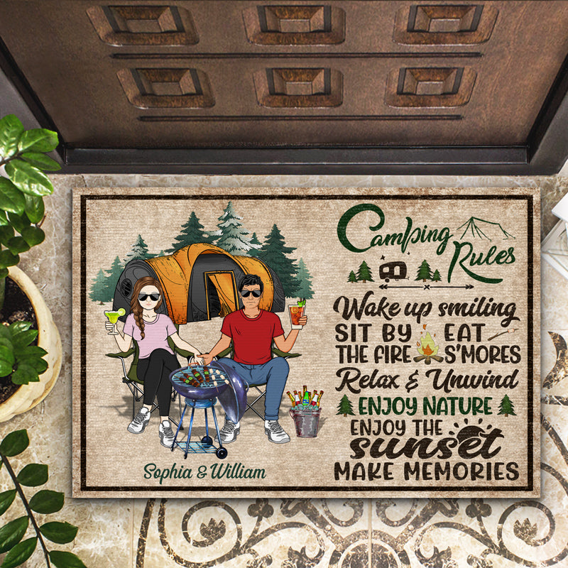 Camping Rules Wake Up Smiling Make Memories - Gift For Camping Couples - Personalized Custom Doormat