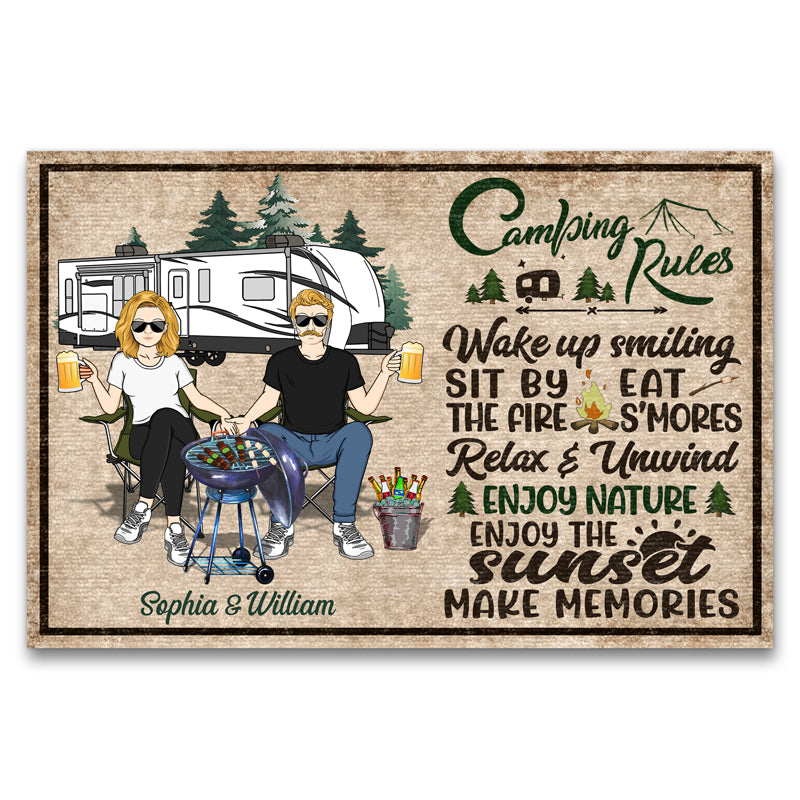 Camping Rules Wake Up Smiling Make Memories - Gift For Camping Couples - Personalized Custom Doormat