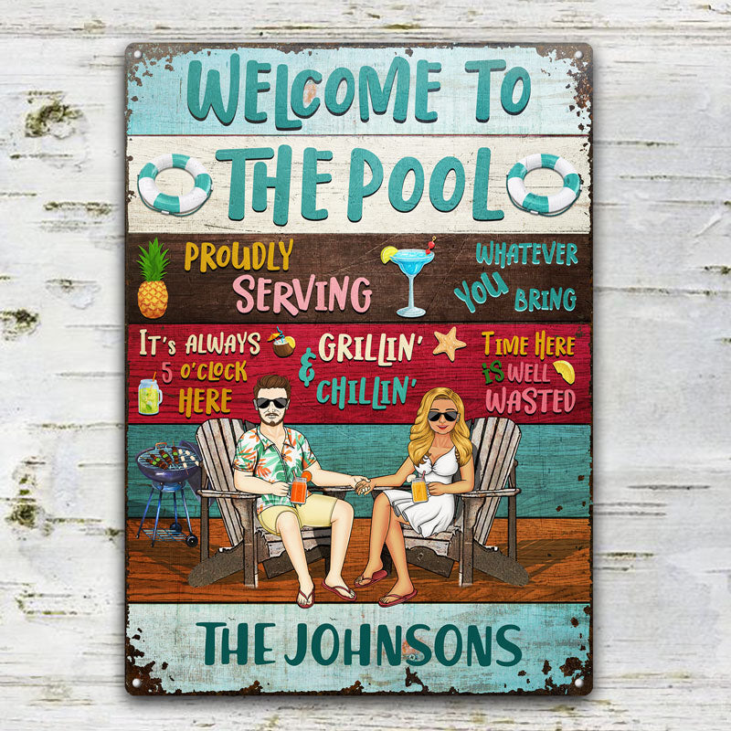 Swimming Pool Proudly Serving Whatever You Bring - Gift For Couples - Personalized Custom Classic Metal Signs