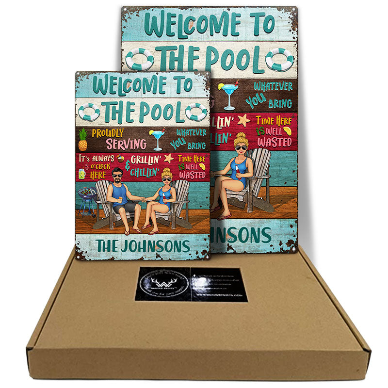 Swimming Pool Proudly Serving Whatever You Bring - Gift For Couples - Personalized Custom Classic Metal Signs