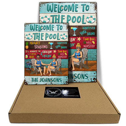 Swimming Pool Proudly Serving Whatever You Bring - Gift For Couples - Personalized Custom Classic Metal Signs