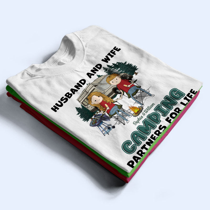 Funny Husband And Wife Camping Partners For Life - Couple Gift - Personalized Custom T Shirt