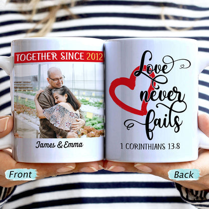 Custom Photo Love Never Fails Couple Husband Wife - Gift For Couple - Personalized Custom White Edge-to-Edge Mug