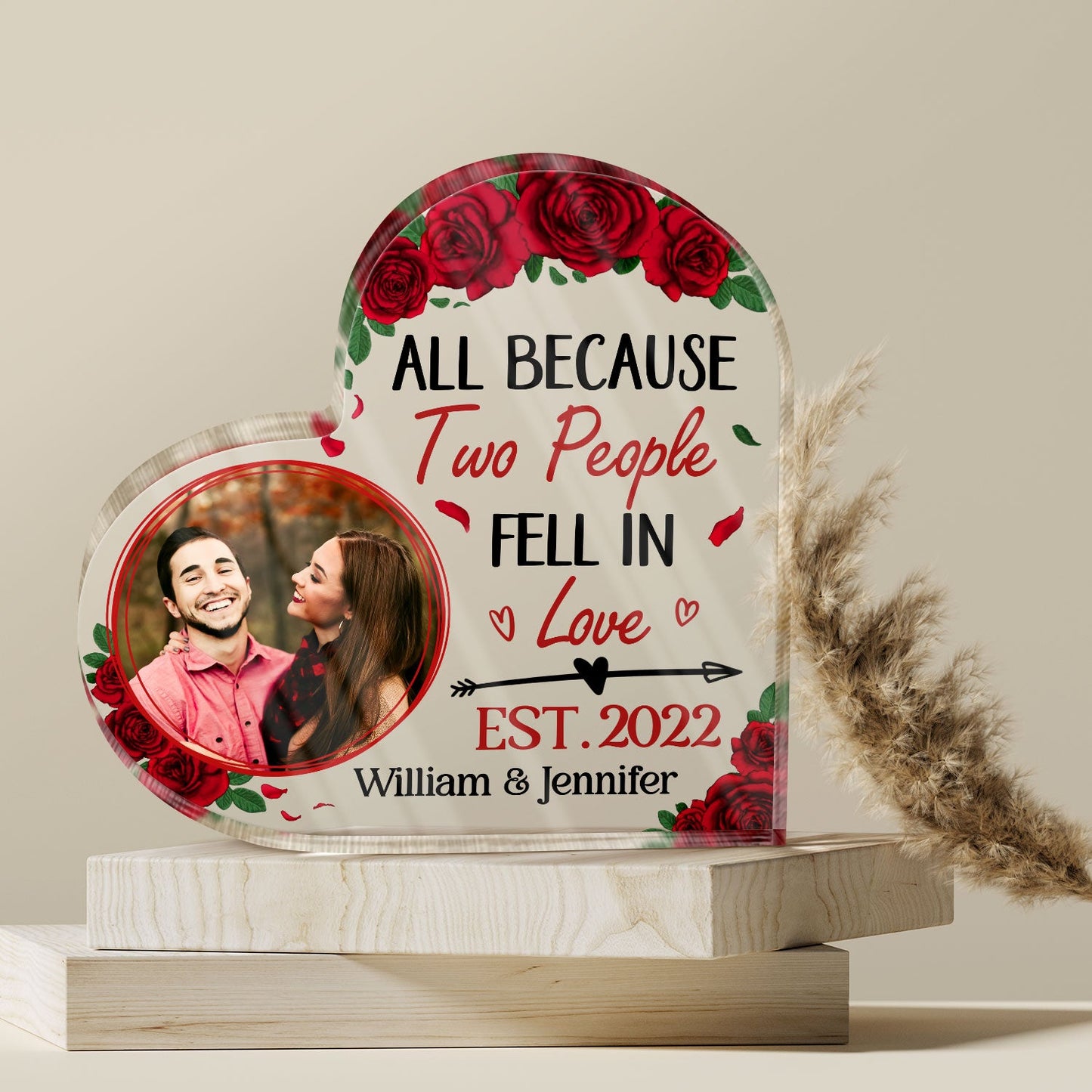 Custom Photo All Because Two People Swiped Right Husband Wife Couple - Anniversary Gift - Personalized Custom Heart Shaped Acrylic Plaque