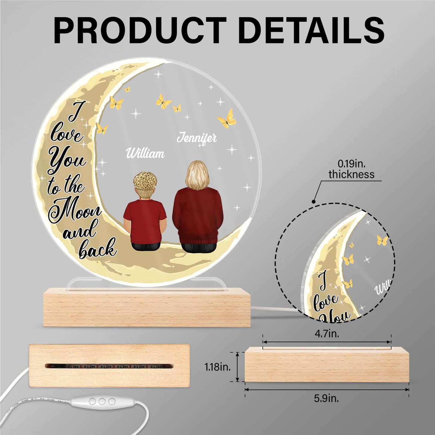 I Love You To The Moon And Back Grandma Mom - Memorial Gift - Mother Gift - Personalized Custom 3D Led Light Wooden Base