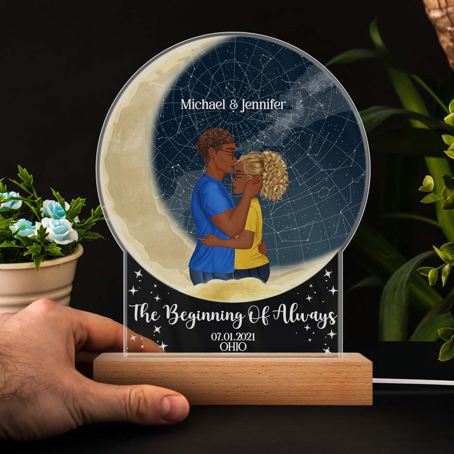 Star Map The Beginning Of Always - Anniversary Gift For Couples - Personalized Custom 3D Led Light Wooden Base
