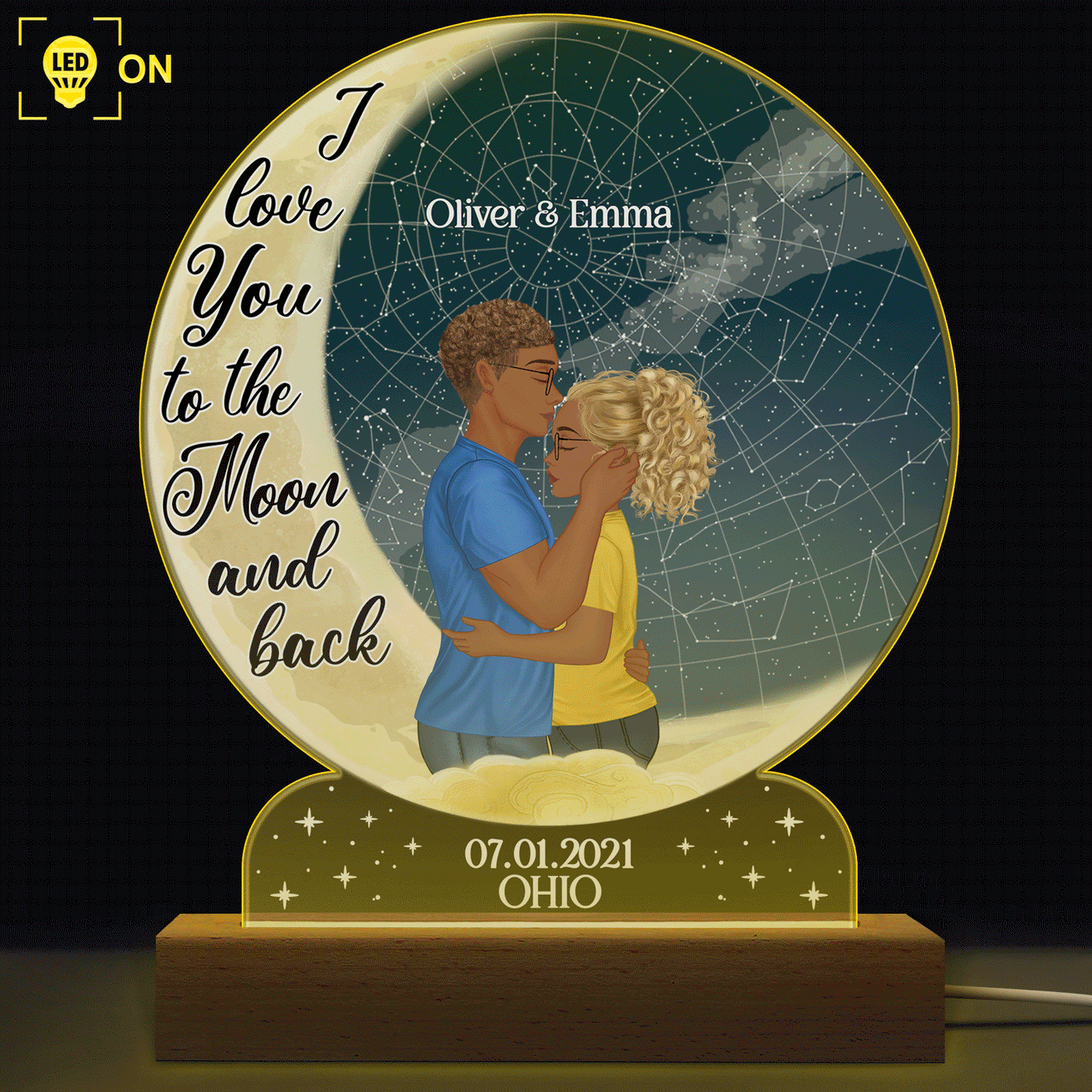 Star Map I Love You To The Moon And Back - Anniversary Gift For Couples - Personalized Custom 3D Led Light Wooden Base