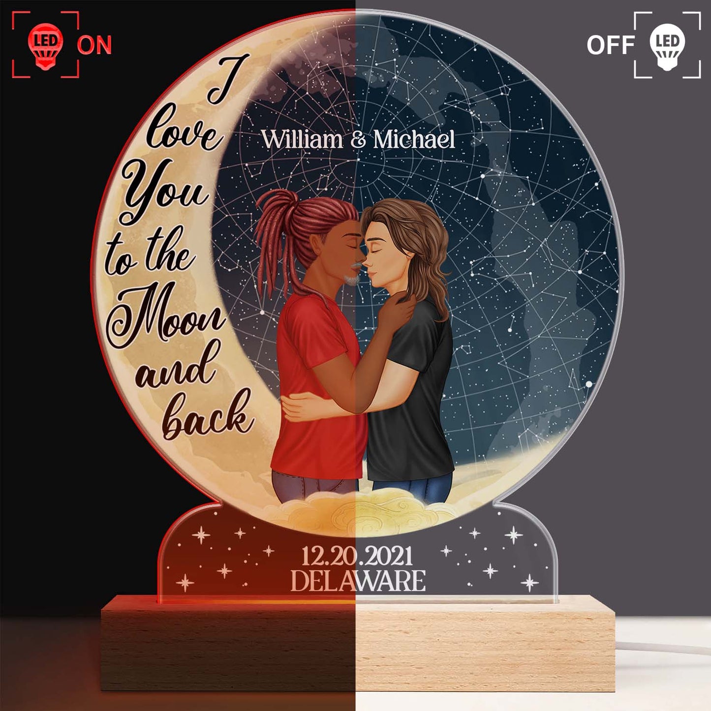 Star Map I Love You To The Moon And Back - Anniversary Gift For Couples - Personalized Custom 3D Led Light Wooden Base