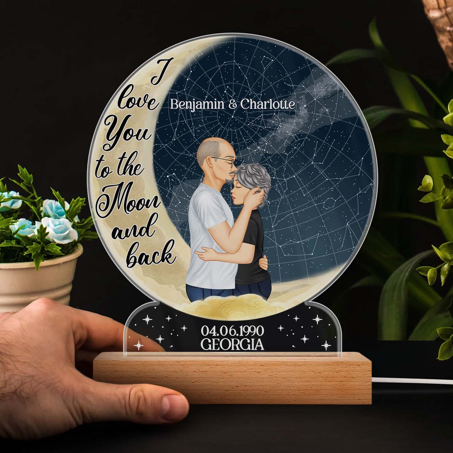 Star Map I Love You To The Moon And Back - Anniversary Gift For Couples - Personalized Custom 3D Led Light Wooden Base
