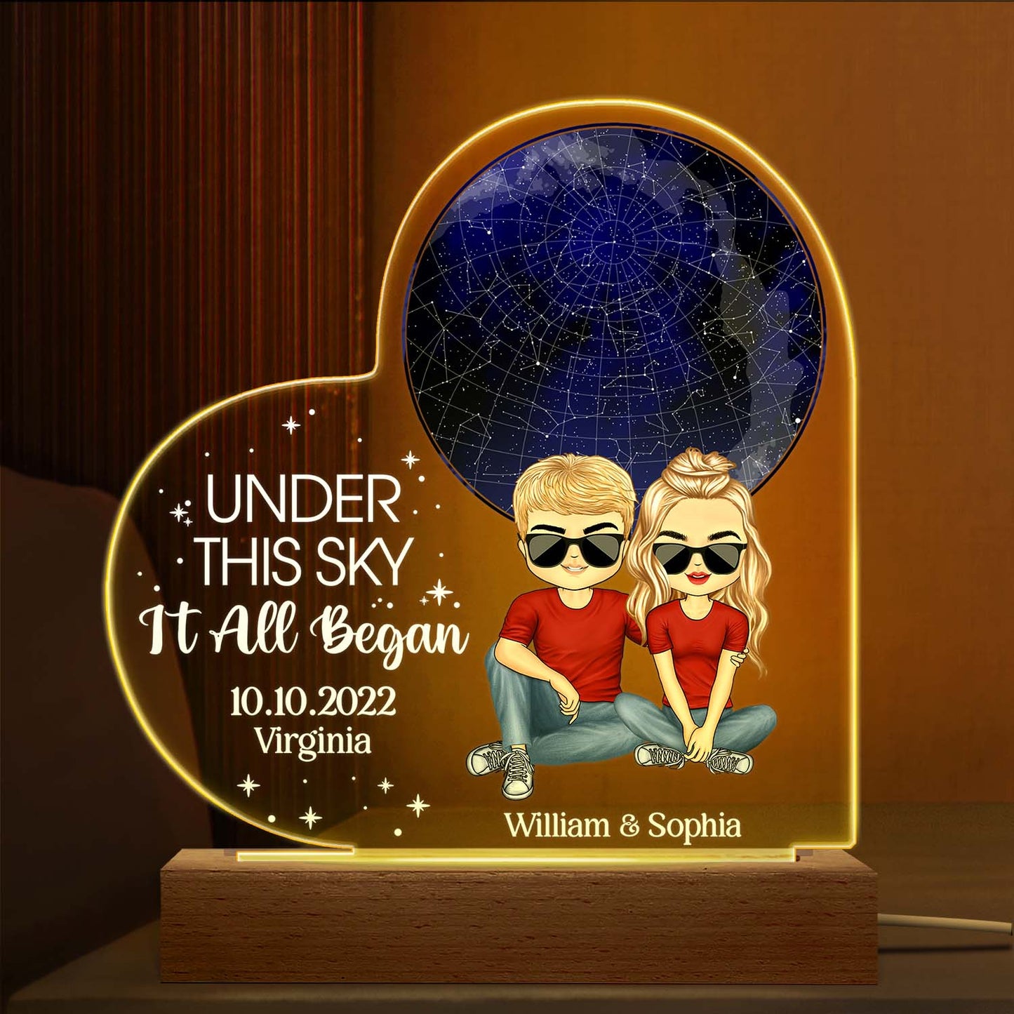 Star Map Under This Sky It All Began - Birthday, Loving Gift For Couples - Personalized Custom 3D Led Light Wooden Base