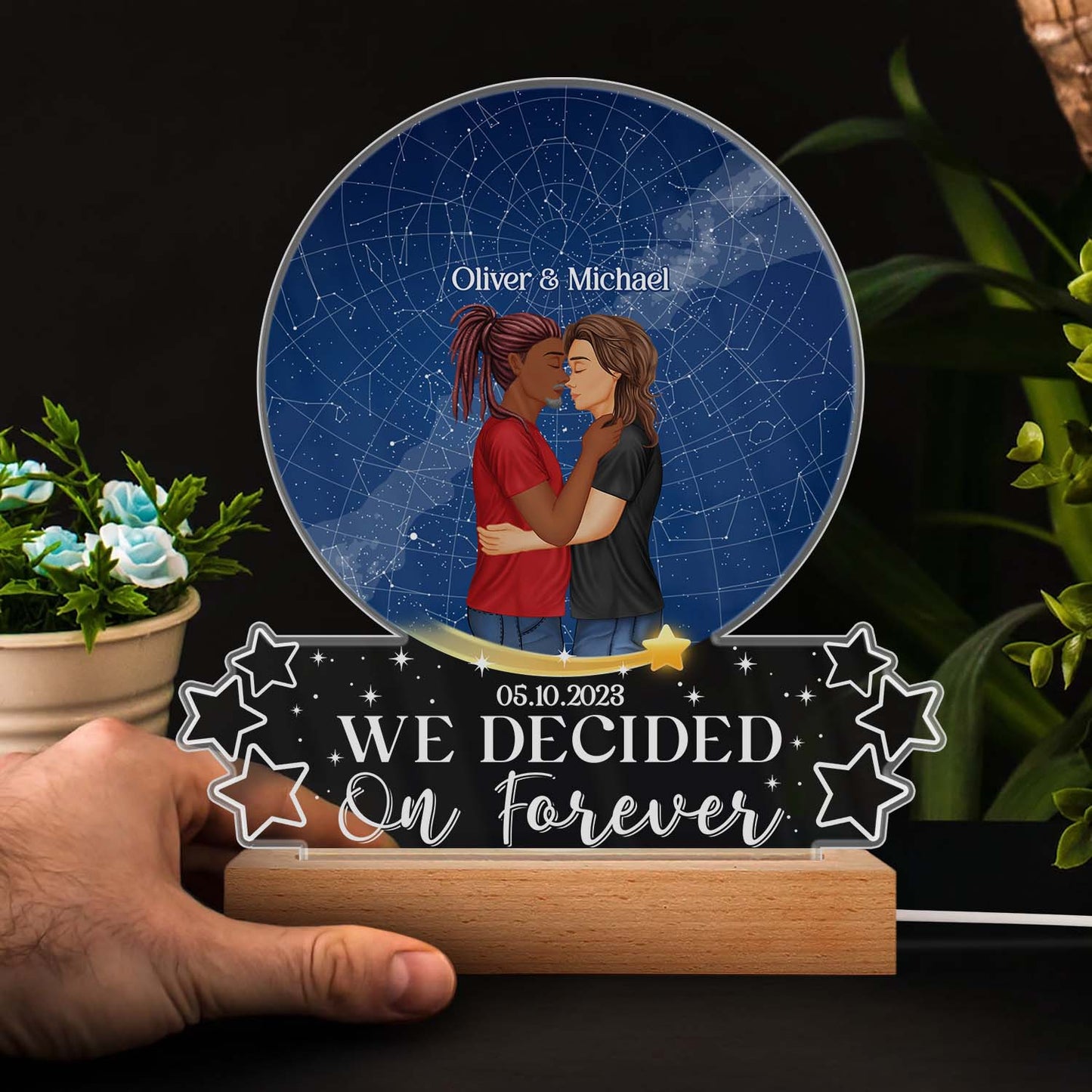 Star Map We Decided On Forever - Birthday, Loving Gift For Couples - Personalized Custom 3D Led Light Wooden Base