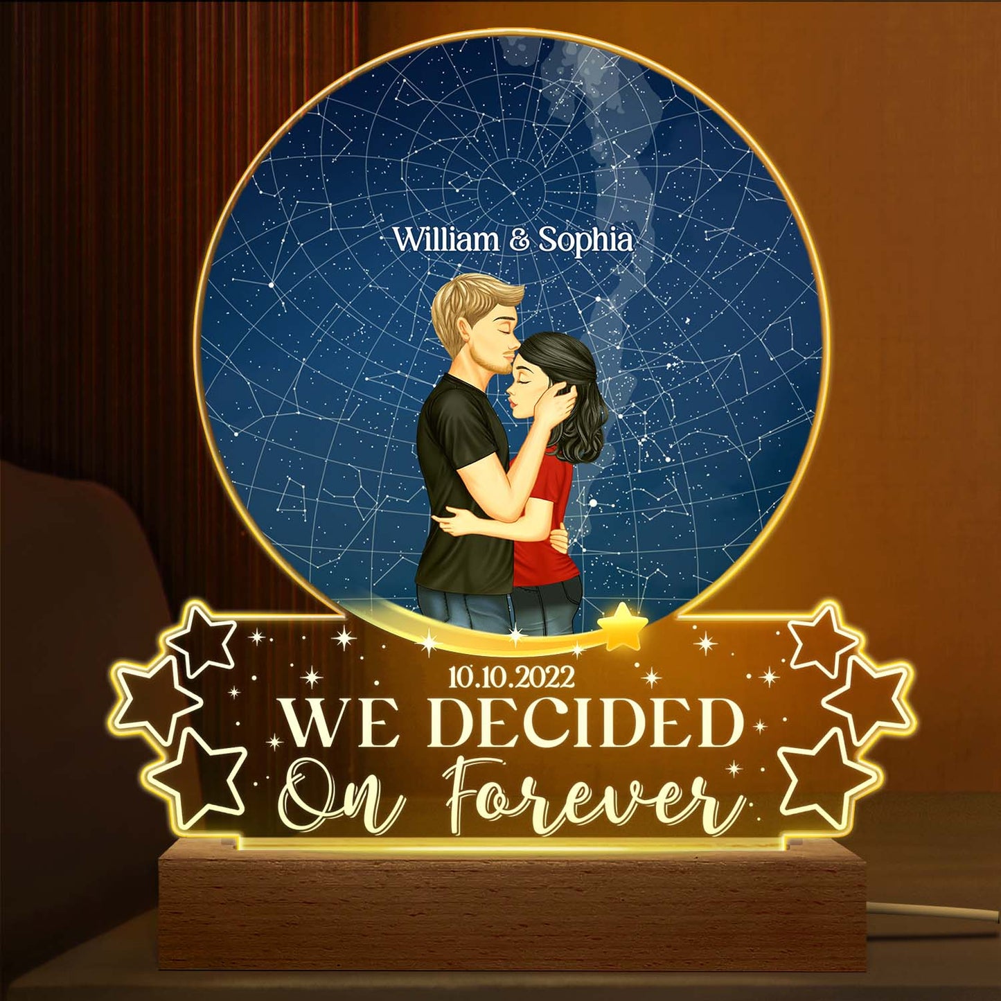 Star Map We Decided On Forever - Birthday, Loving Gift For Couples - Personalized Custom 3D Led Light Wooden Base