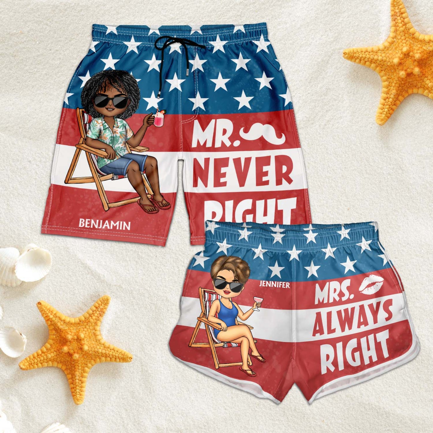 Stars And Stripes Mr Never Right Mrs Always Right - Gift For Couples, Spouse, Lover, Husband, Wife, Boyfriend, Girlfriend - Personalized Custom Couple Beach Shorts