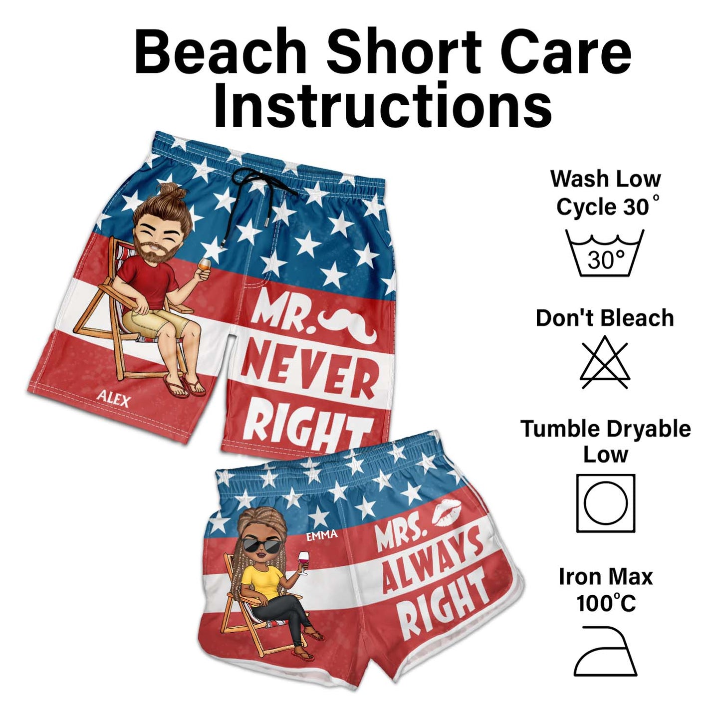 Stars And Stripes Mr Never Right Mrs Always Right - Gift For Couples, Spouse, Lover, Husband, Wife, Boyfriend, Girlfriend - Personalized Custom Couple Beach Shorts